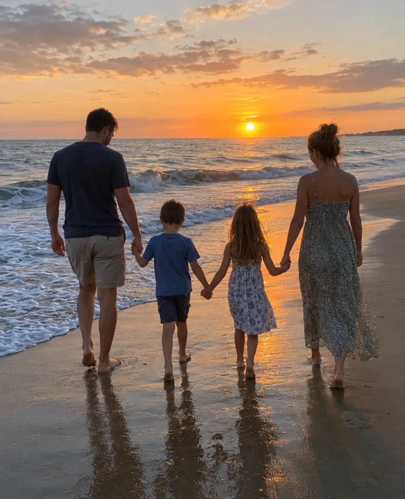 Phone photo of a family of four walking hand in hand along a beach at sunset