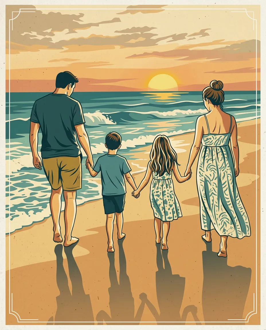 Family on a beach as a vintage travel poster