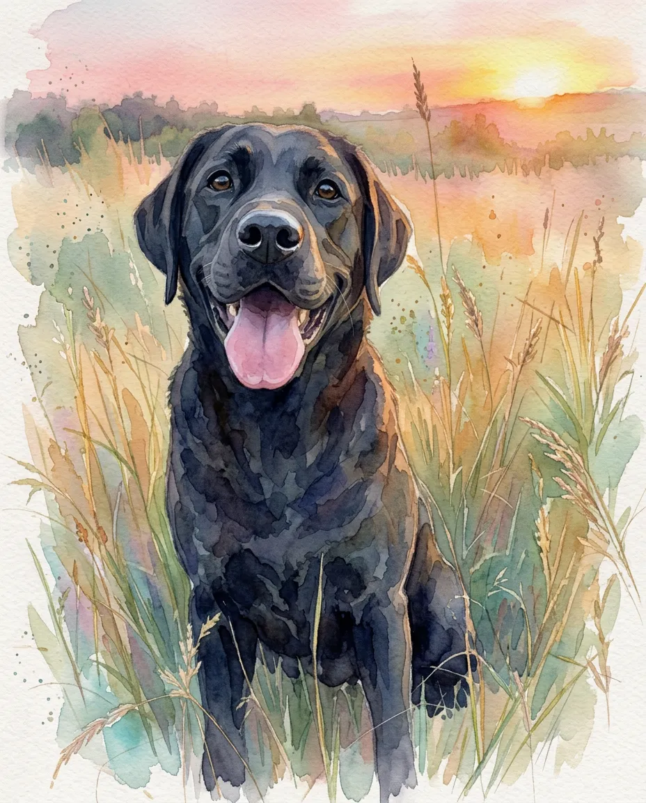 Black labrador in tall grass as a watercolor