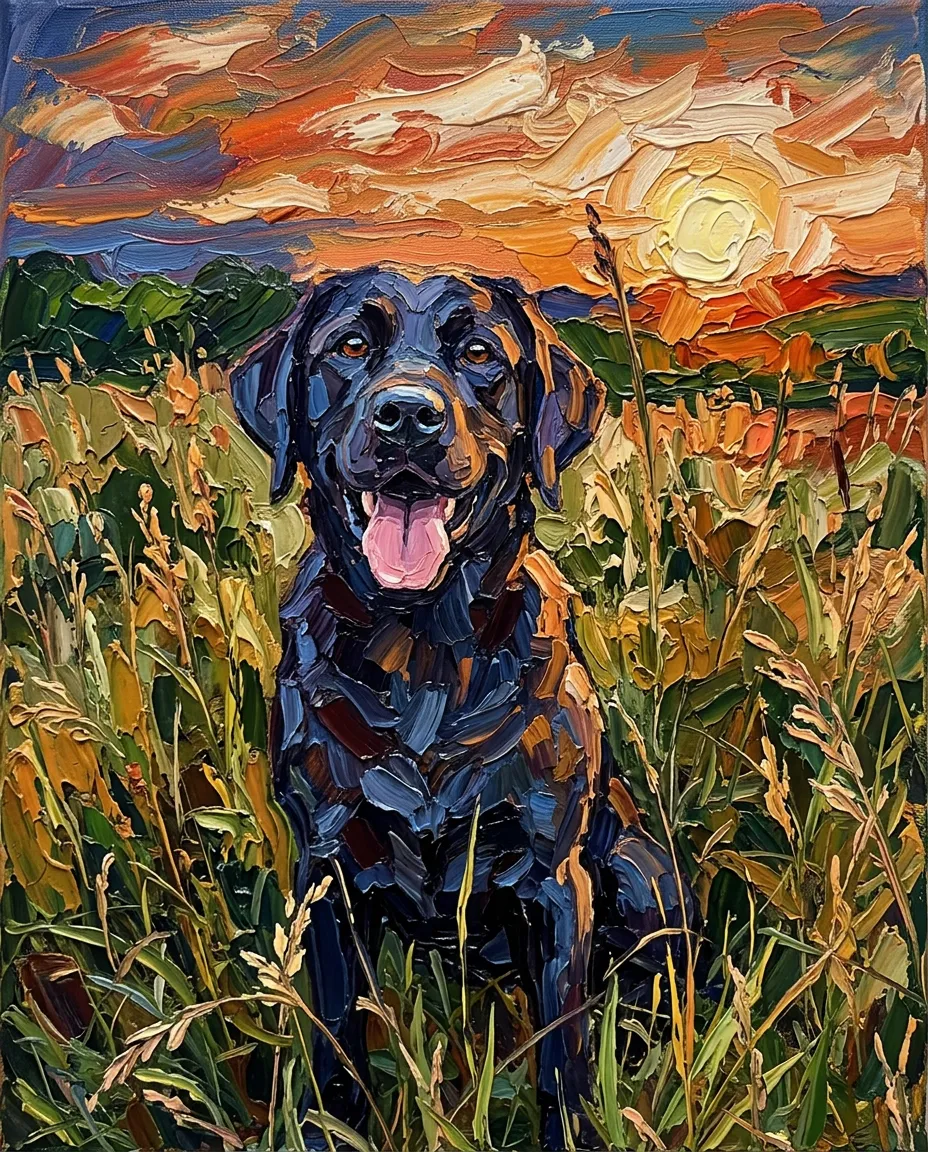 Black labrador in tall grass as an oil painting