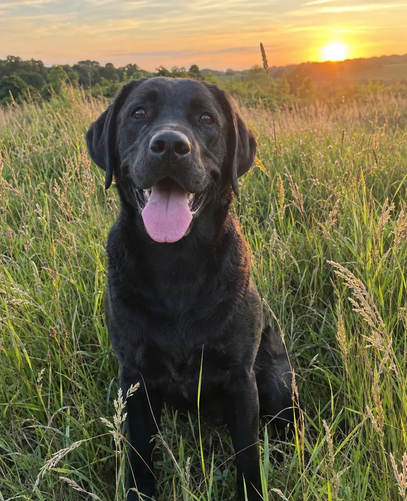 Original phone photo of a black labrador in a field of tall grass