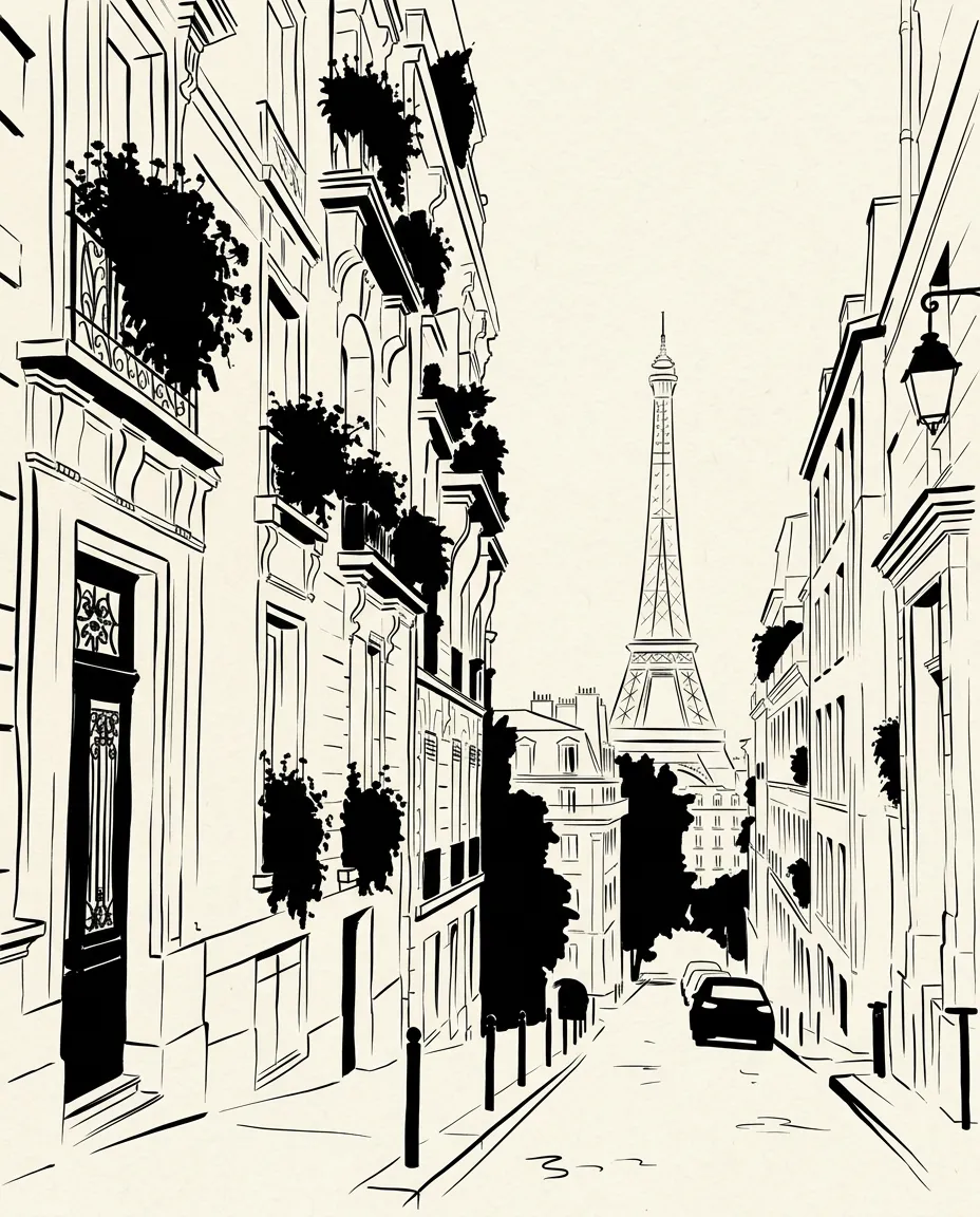 Paris street as minimalist line art