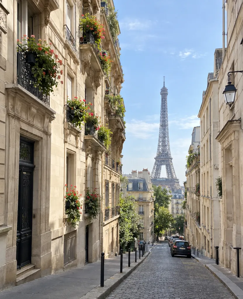 Original vacation photo of a Paris street with the Eiffel Tower in the distance