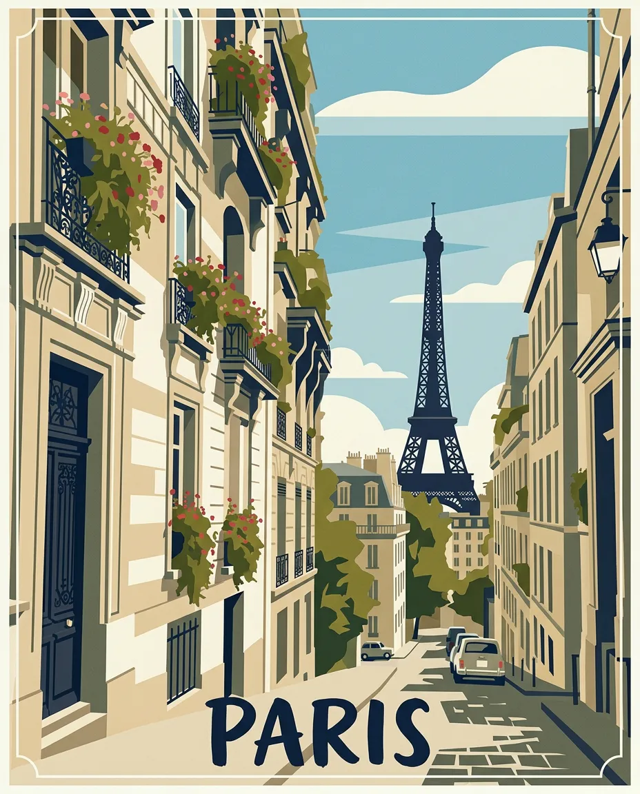 Paris street with the Eiffel Tower as a vintage travel poster