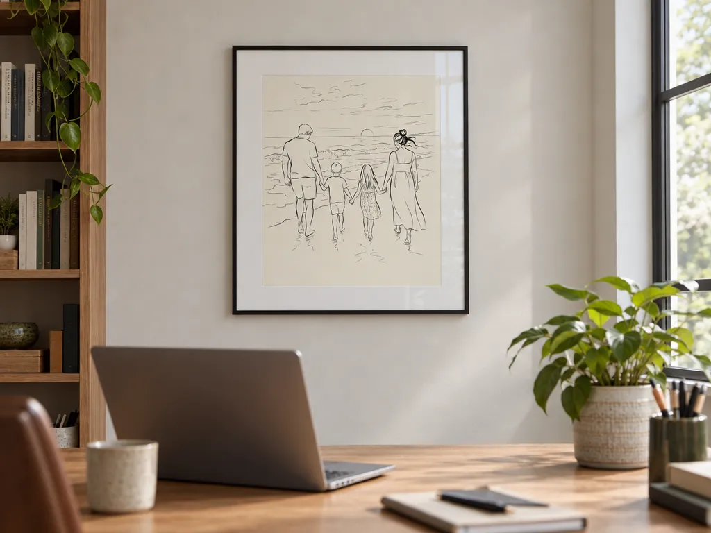 Line art of a family on a beach in a black frame with a white mount above a home-office desk