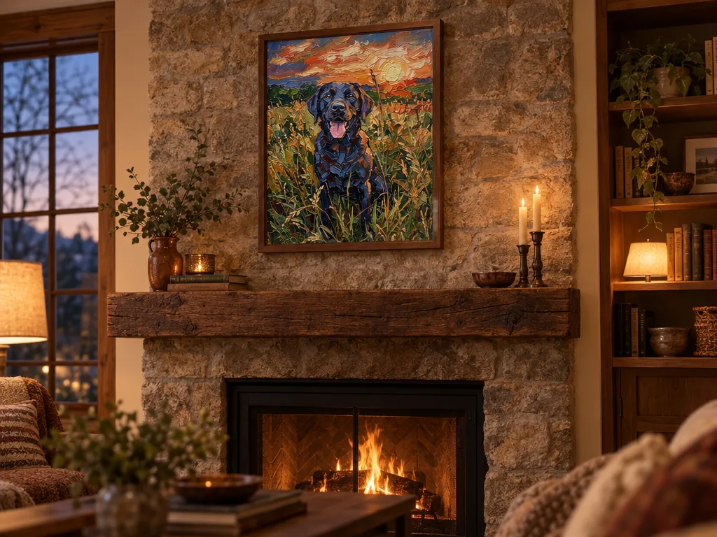 Oil painting of a black labrador in a walnut frame above a rustic fireplace