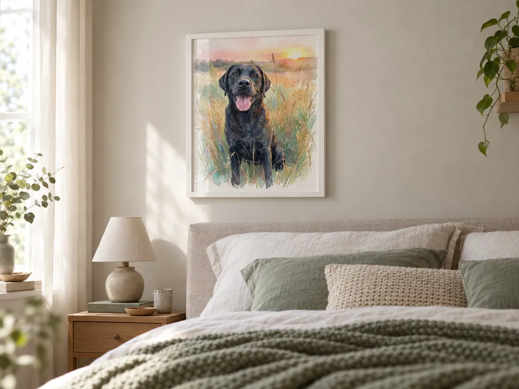 Watercolor of a black labrador in a white frame above a bed with a knitted throw
