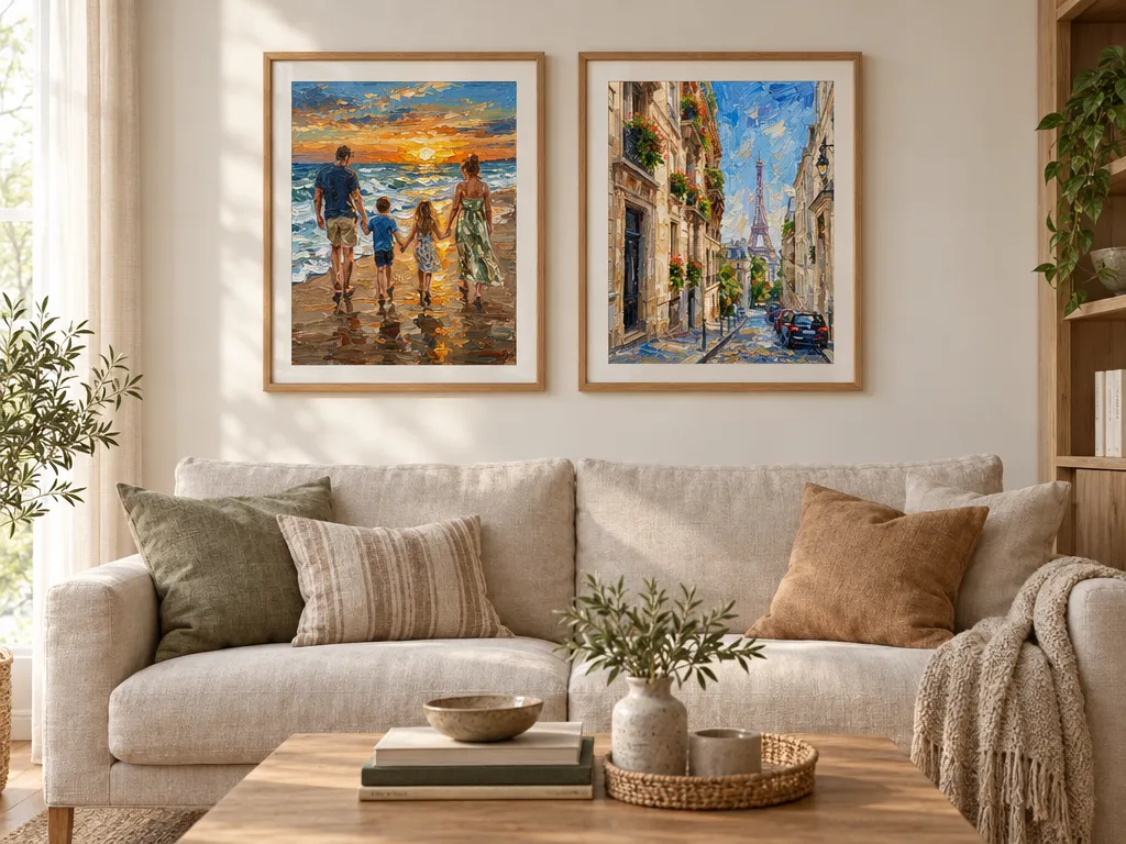 Two oil paintings of a beach and a Paris street in oak frames above a linen sofa