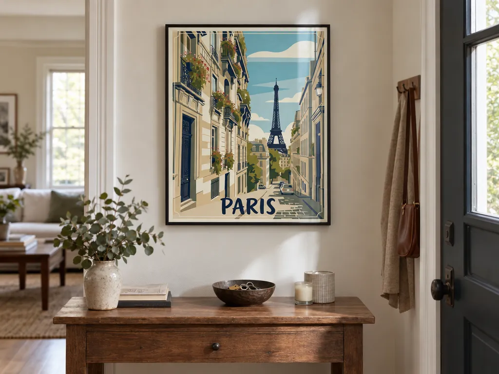 Vintage travel poster of Paris in a slim black frame above a hallway console