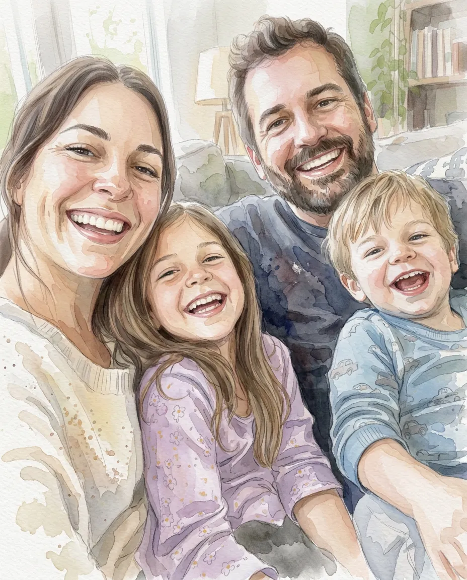 Family of four on a sofa as a watercolor portrait