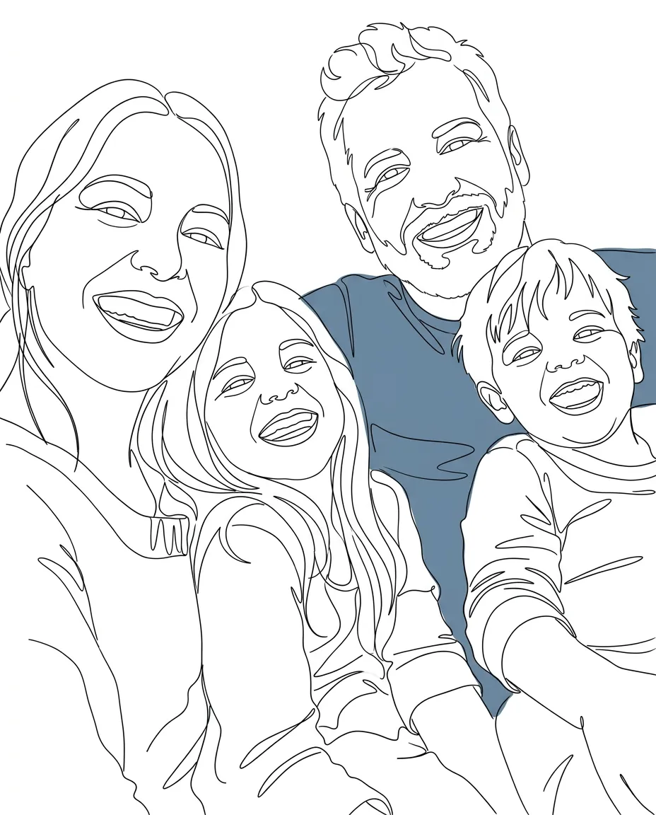 Family of four on a sofa as a line art portrait