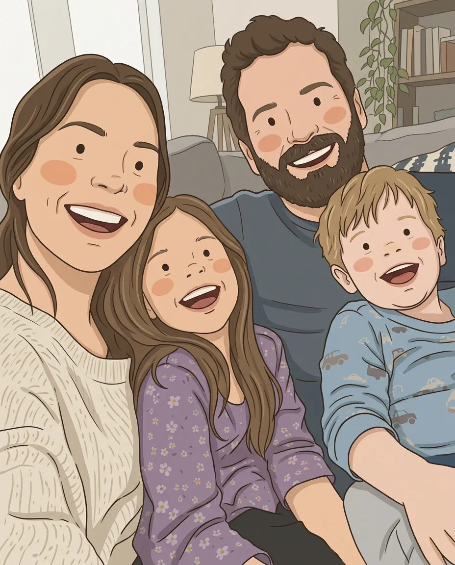 Family of four on a sofa as a storybook illustration portrait