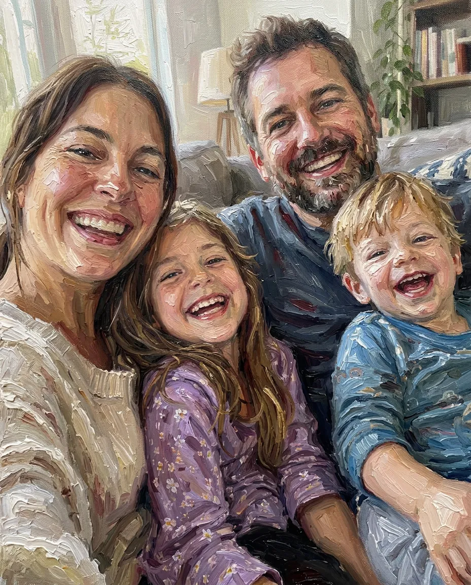 Family of four on a sofa as a oil painting portrait