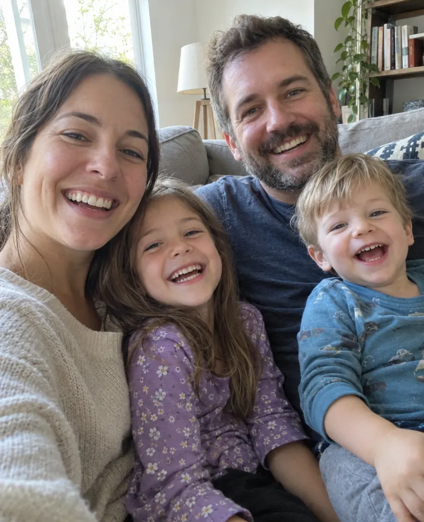 Original phone photo of a family of four laughing on a sofa