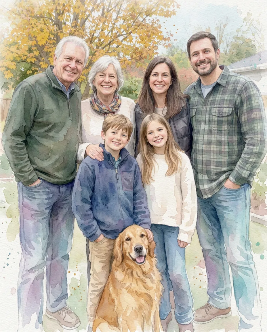 Three generations of a family with their dog as a watercolor portrait