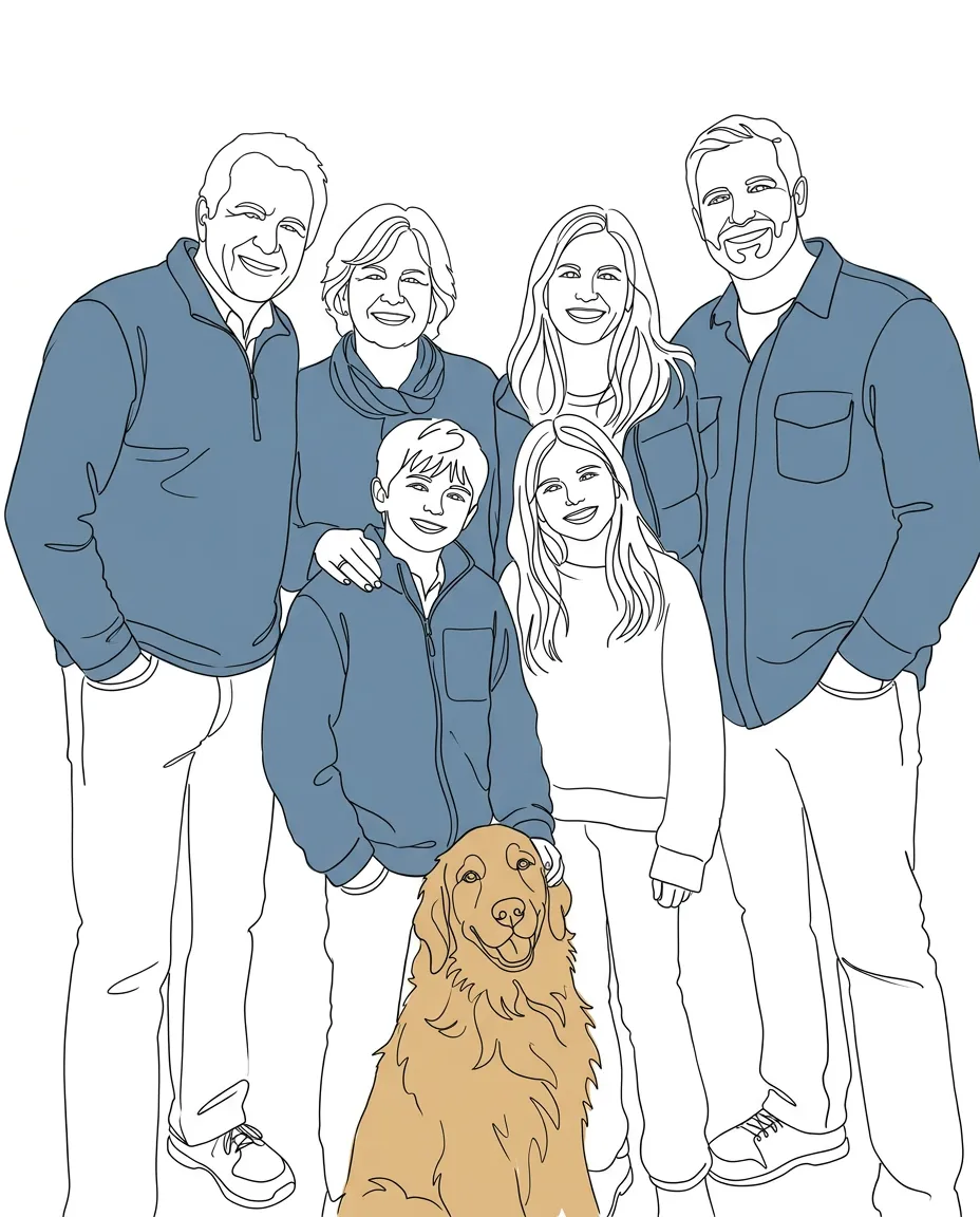 Three generations of a family with their dog as a line art portrait