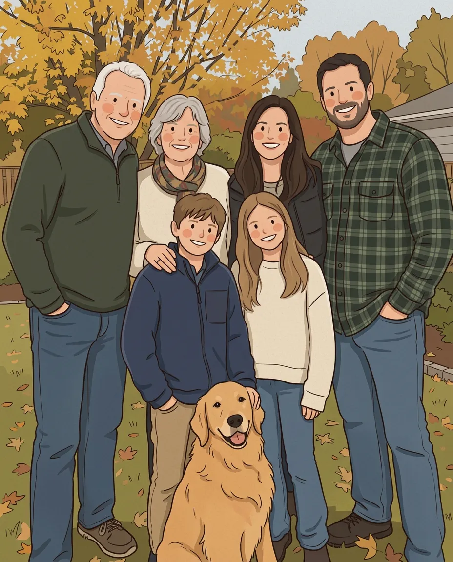 Three generations of a family with their dog as a storybook illustration portrait
