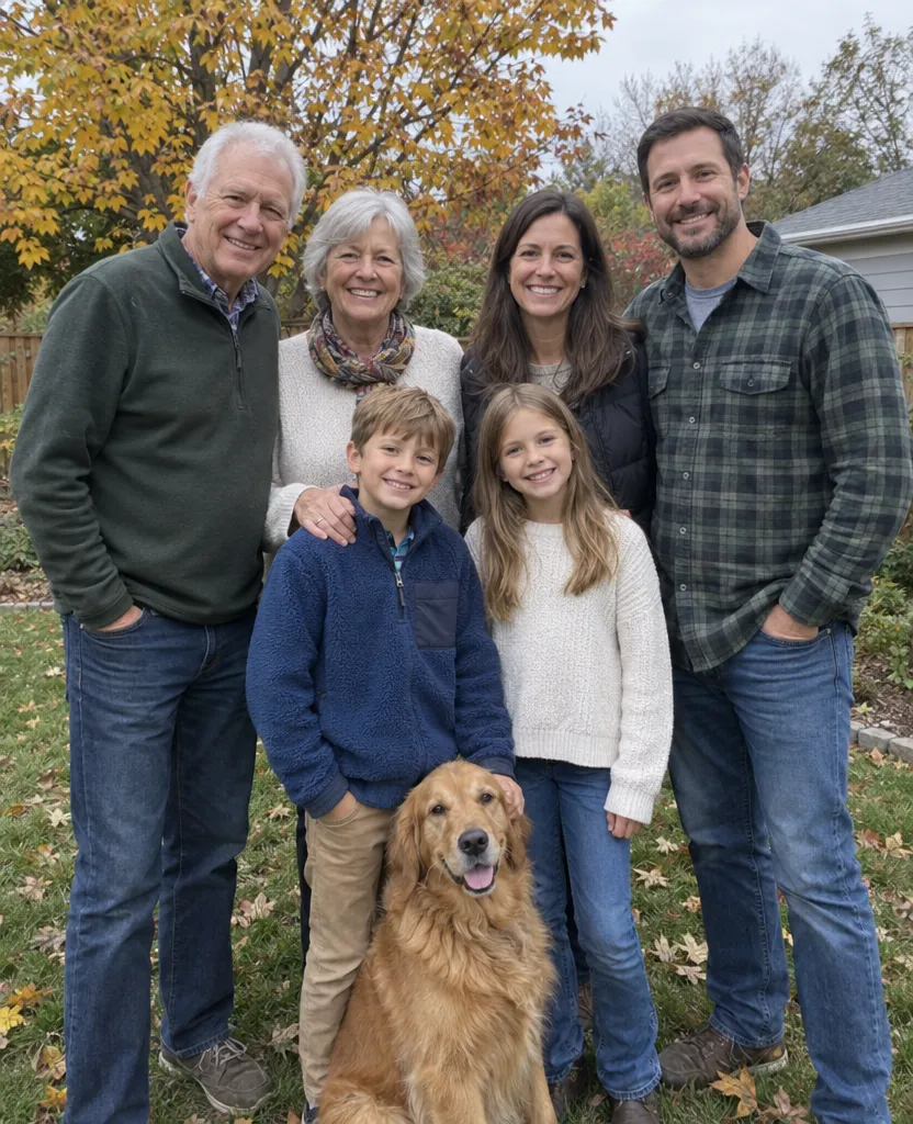 Phone photo of grandparents, parents, two kids and a golden retriever in an autumn backyard