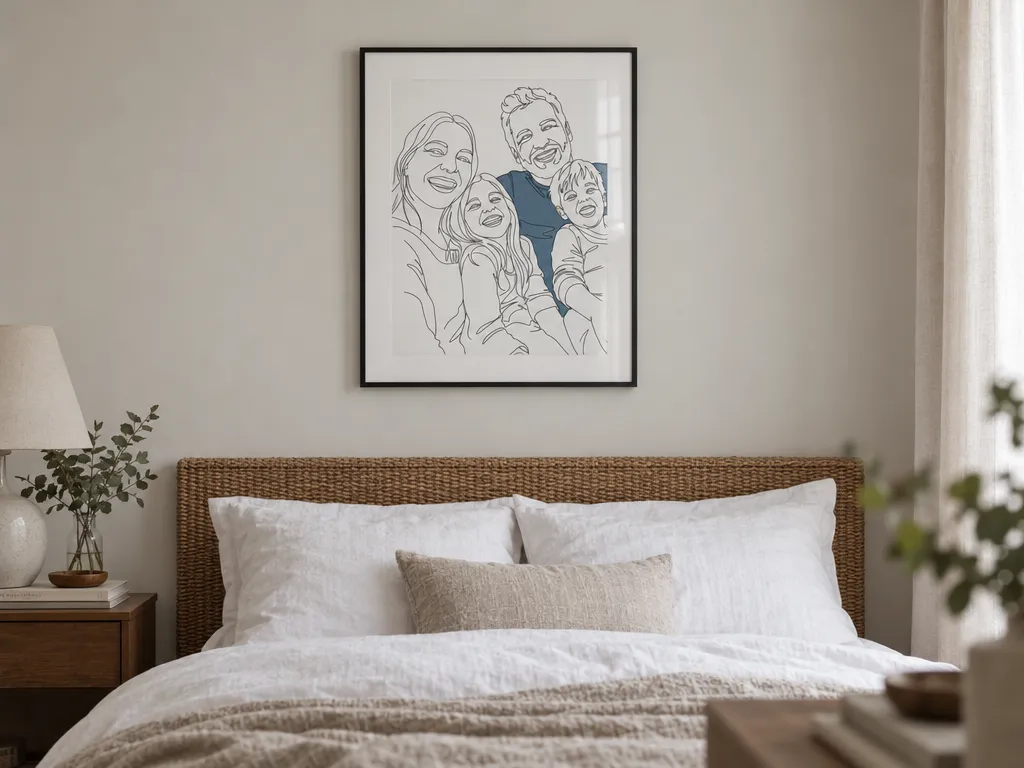 Line art family portrait in a black frame with a white mount above a bed