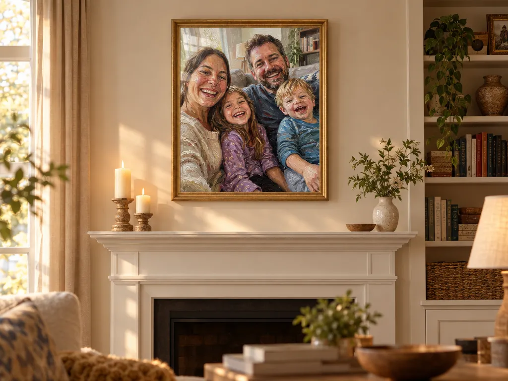 Oil painting of a family of four in a gold frame above a white fireplace