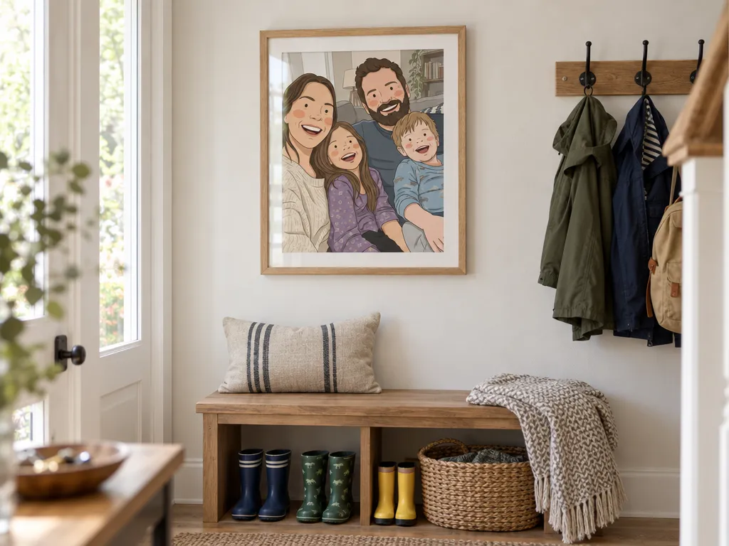 Storybook family portrait in an oak frame in a hallway with coat hooks and rain boots