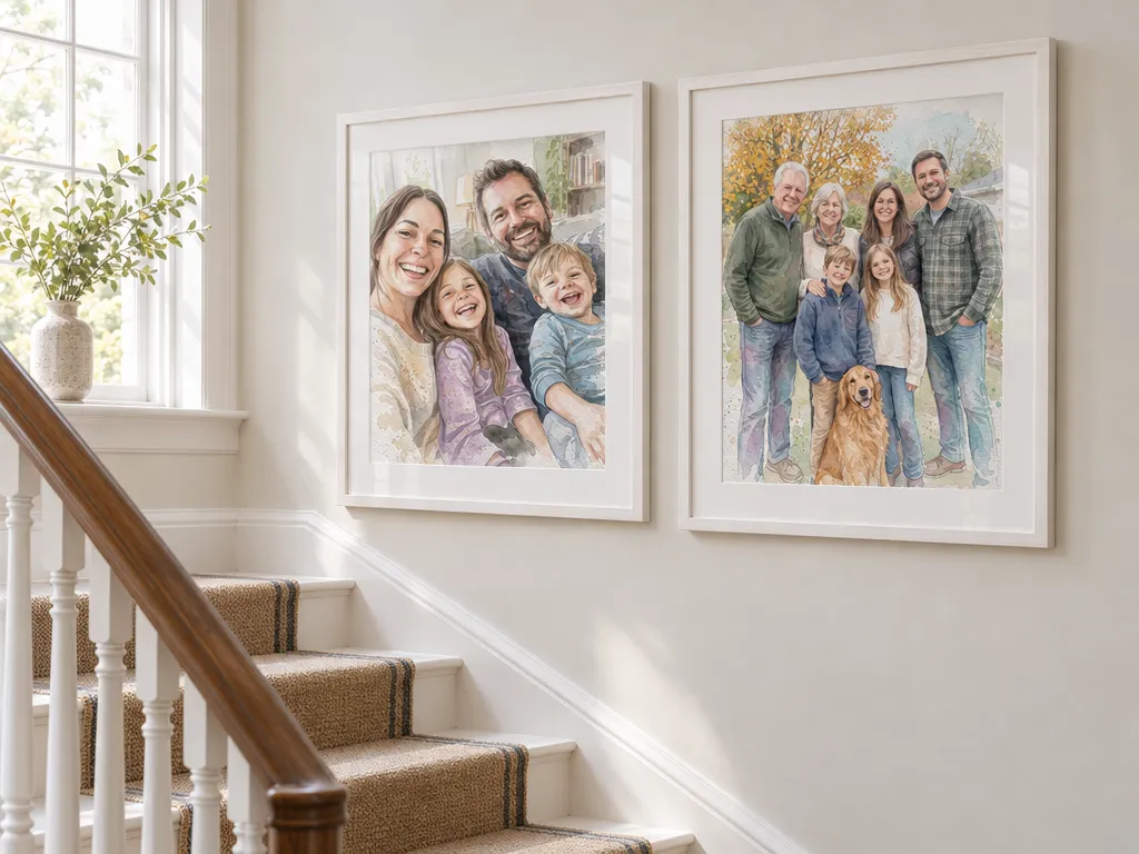 Two watercolor family portraits in white frames along a bright staircase