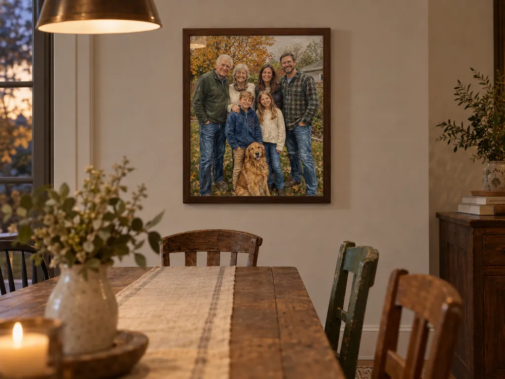 Oil painting of three generations in a walnut frame above a farmhouse dining table