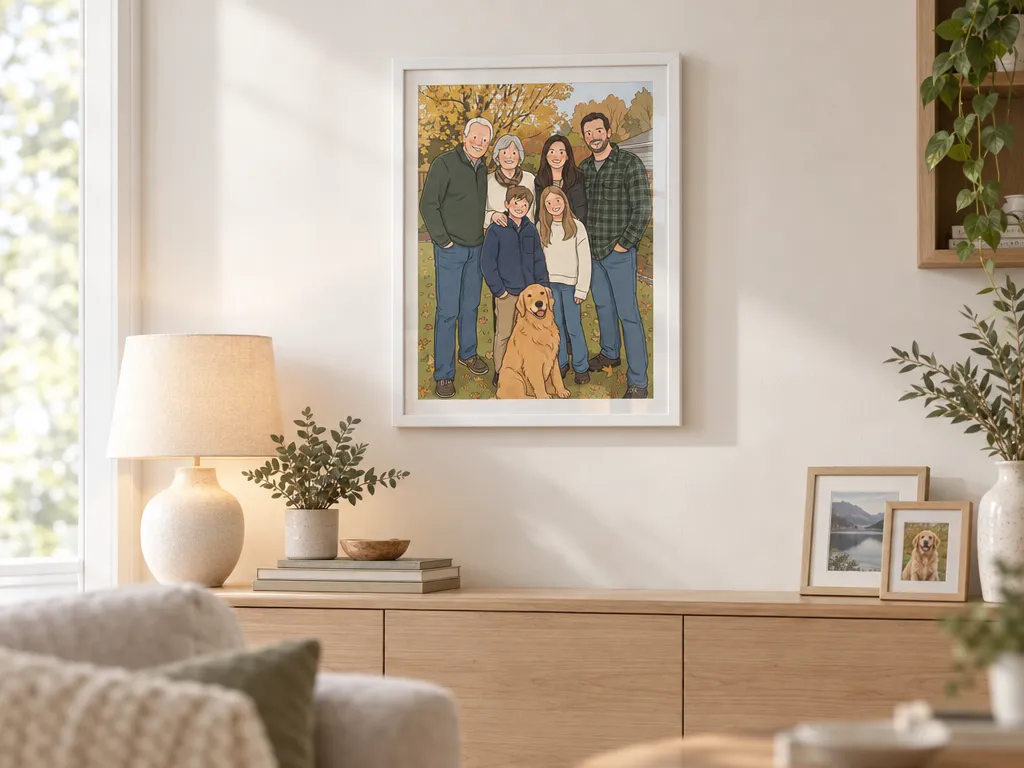 Storybook portrait of three generations in a white frame above a wooden sideboard