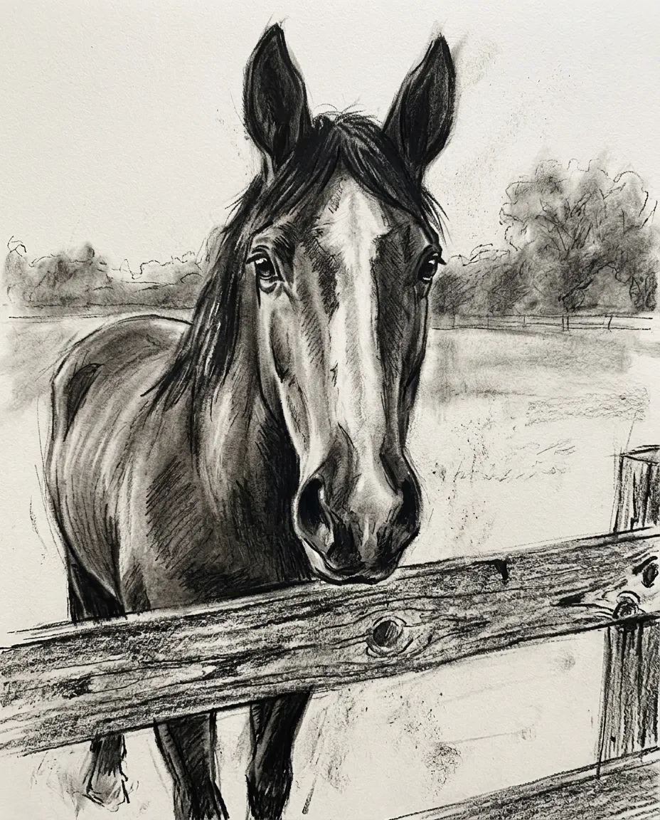 Bay horse with a white blaze as a charcoal portrait