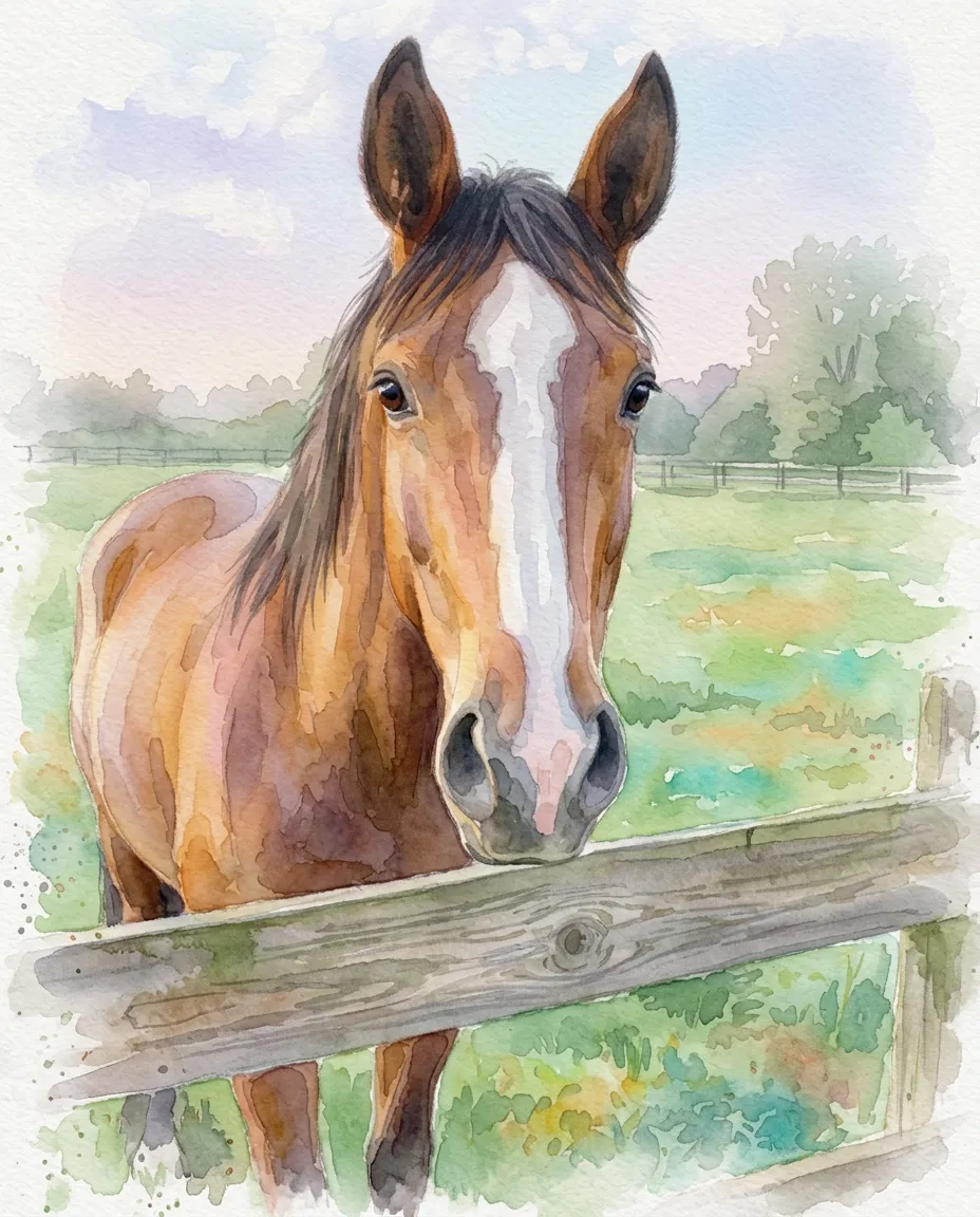 Bay horse with a white blaze as a watercolor portrait