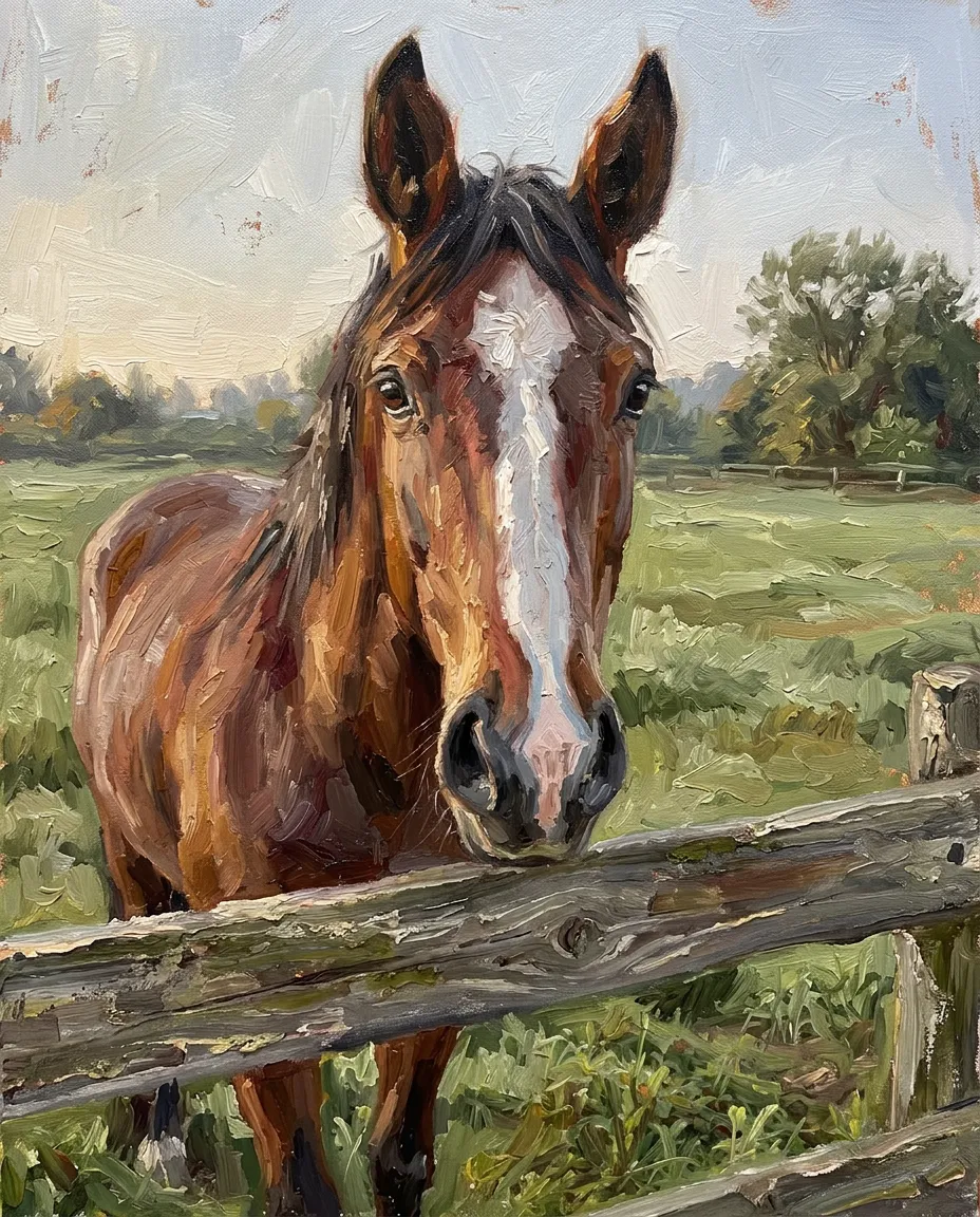 Bay horse with a white blaze as a oil painting portrait