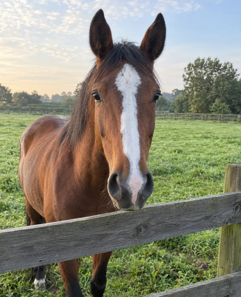 Phone photo of a bay horse with a white blaze looking over a paddock fence