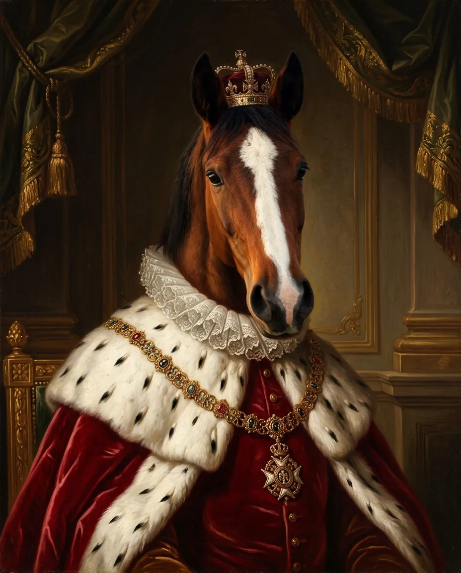 Bay horse with a white blaze as a royal portrait