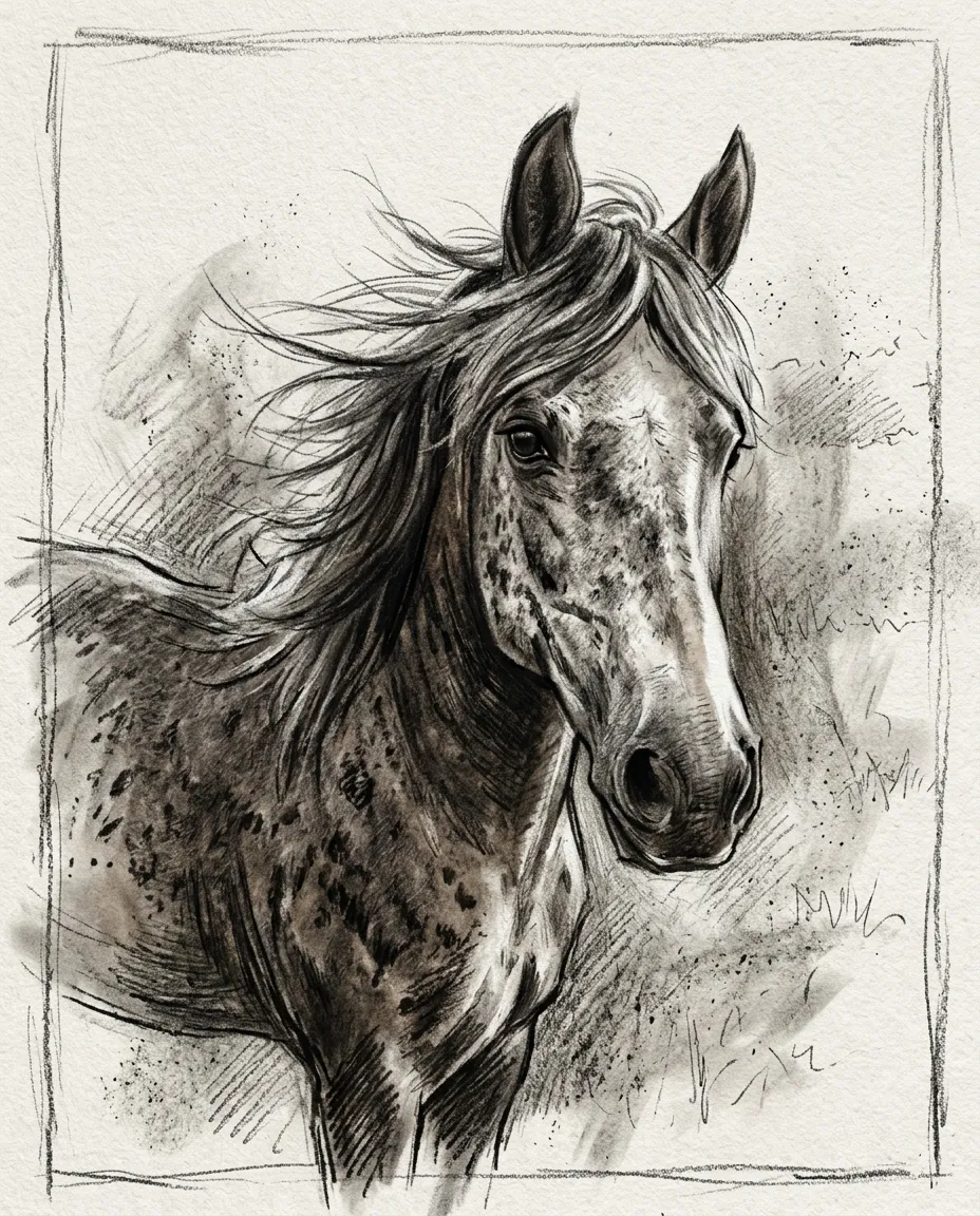 Dapple grey horse as a charcoal portrait