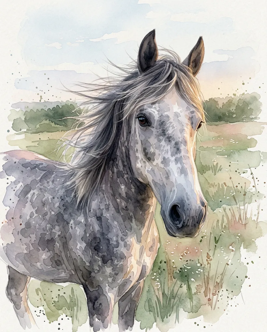 Dapple grey horse as a watercolor portrait