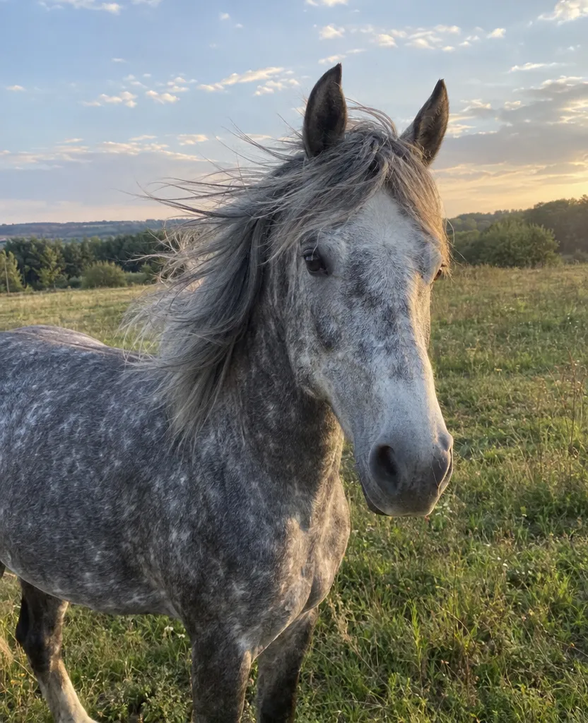 Original phone photo of a dapple grey horse in a meadow