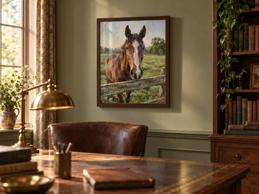 Oil painting of a bay horse in a walnut frame above an antique desk in a study