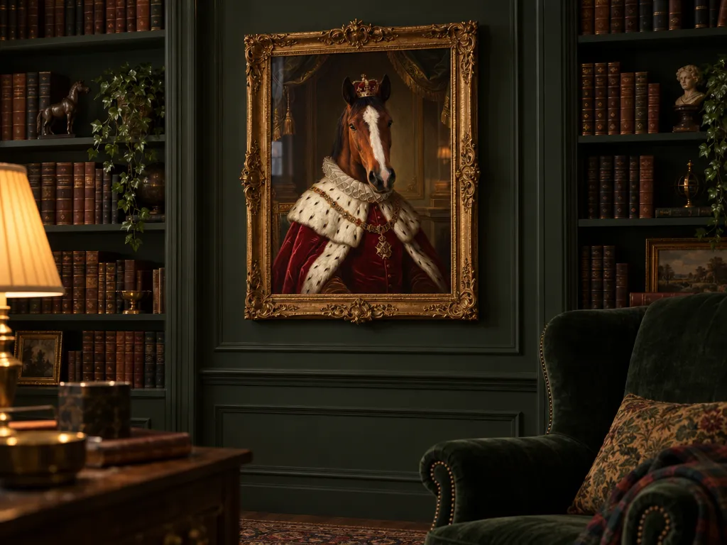 Royal portrait of a bay horse in a baroque gold frame in a dark green library