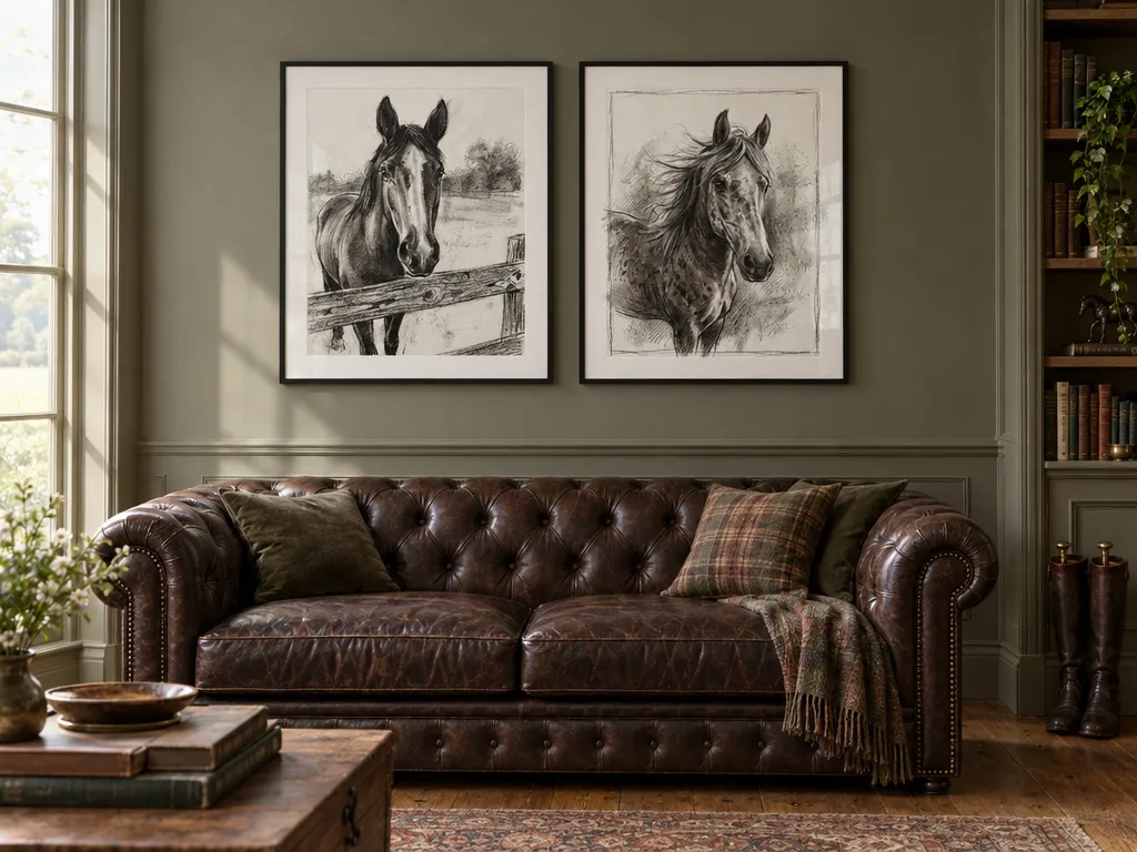 Two charcoal horse portraits in black frames above a leather chesterfield sofa