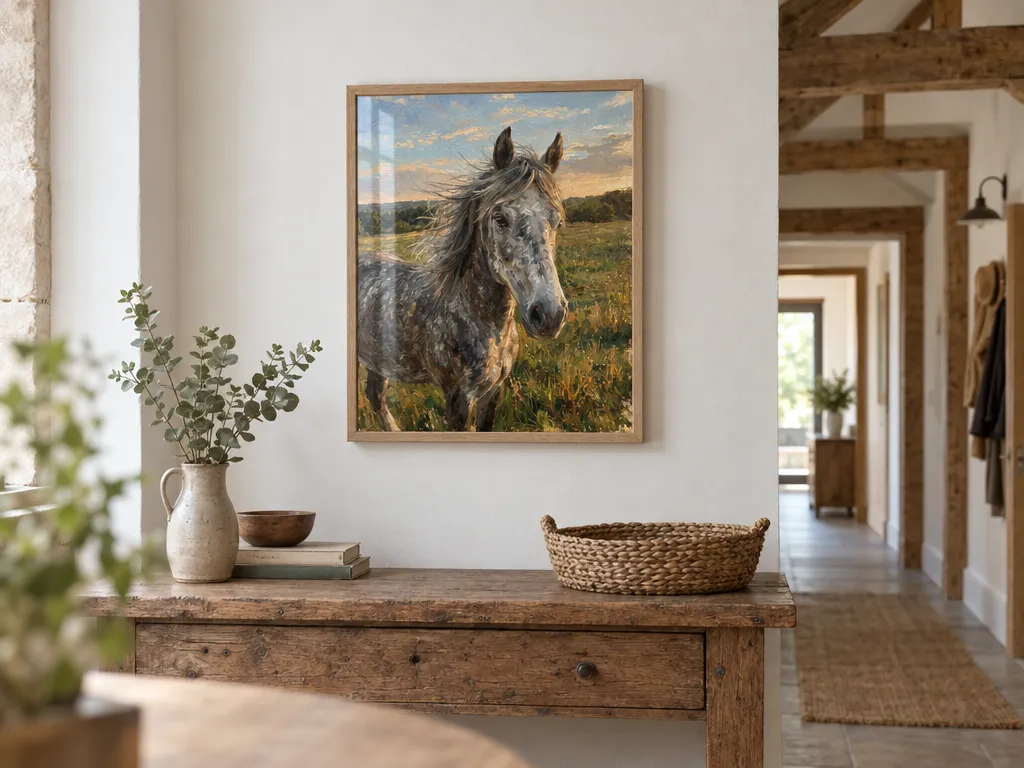 Oil painting of a grey horse in an oak frame above a rustic console in a barn hallway