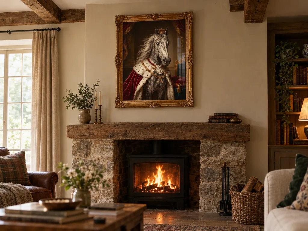 Royal portrait of a grey horse in an antique gold frame above a stone fireplace