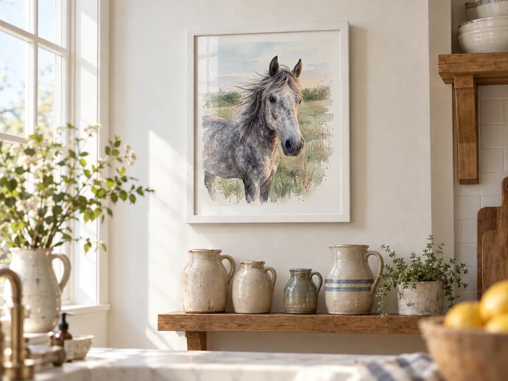 Watercolor portrait of a grey horse in a white frame in a farmhouse kitchen