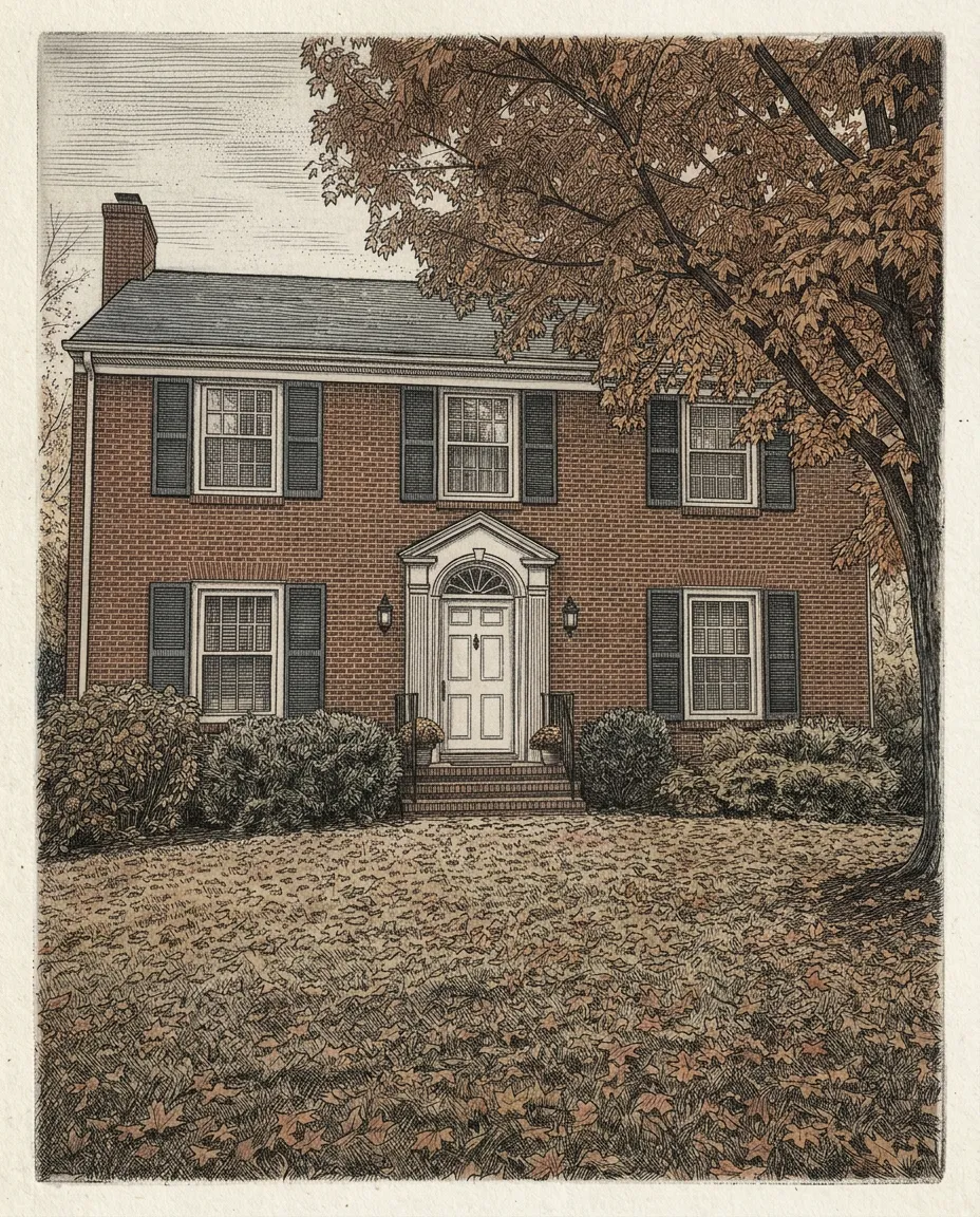 Brick colonial as a pen and ink drawing