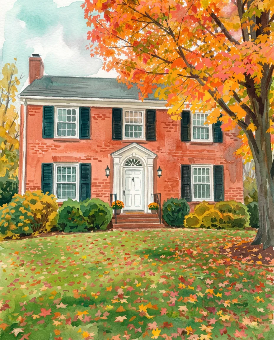 Brick colonial with a maple tree as a gouache painting