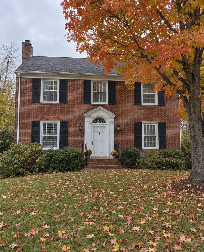 Original phone photo of a red brick colonial house with a maple tree in autumn