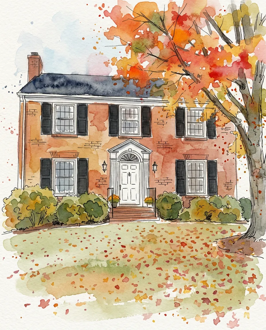 Brick colonial in autumn as a watercolor and ink house portrait