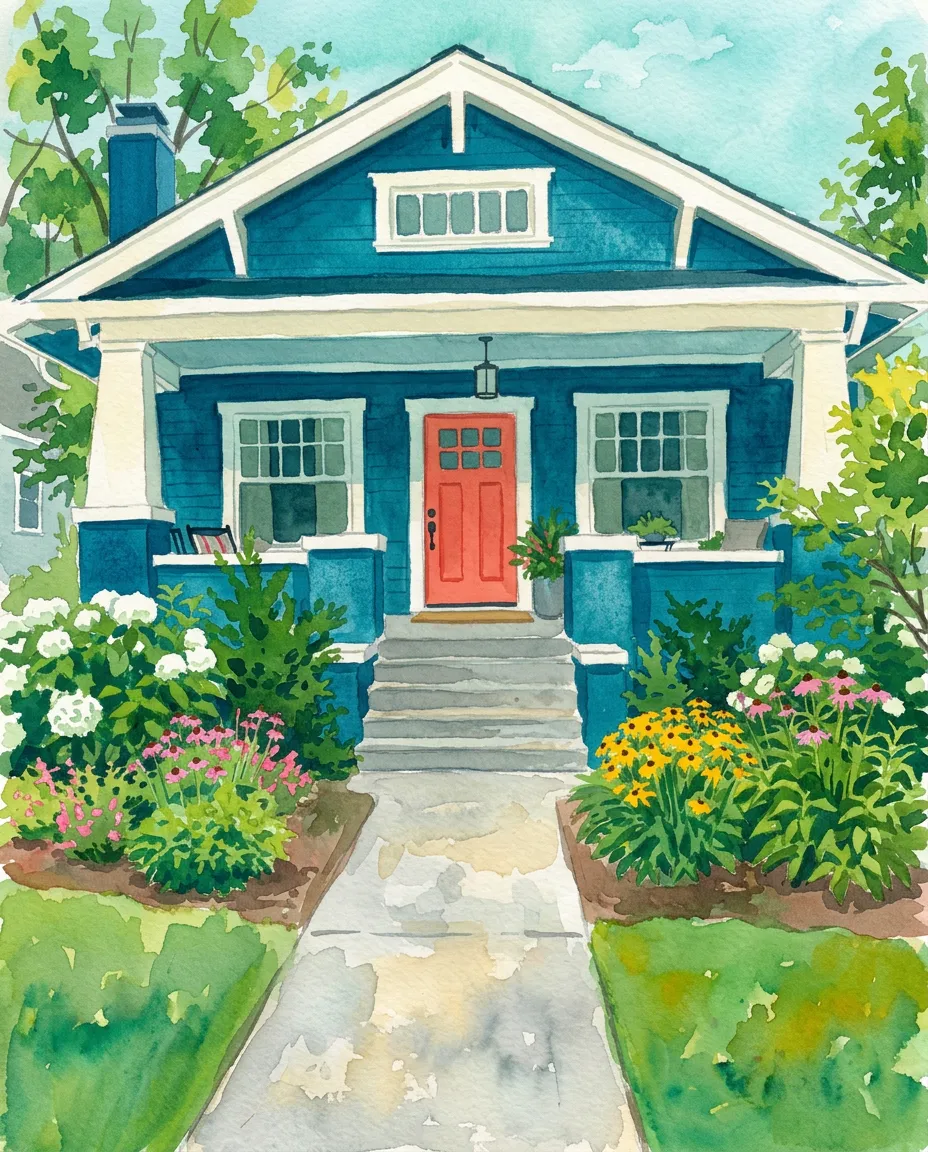 Craftsman bungalow as a bright gouache painting