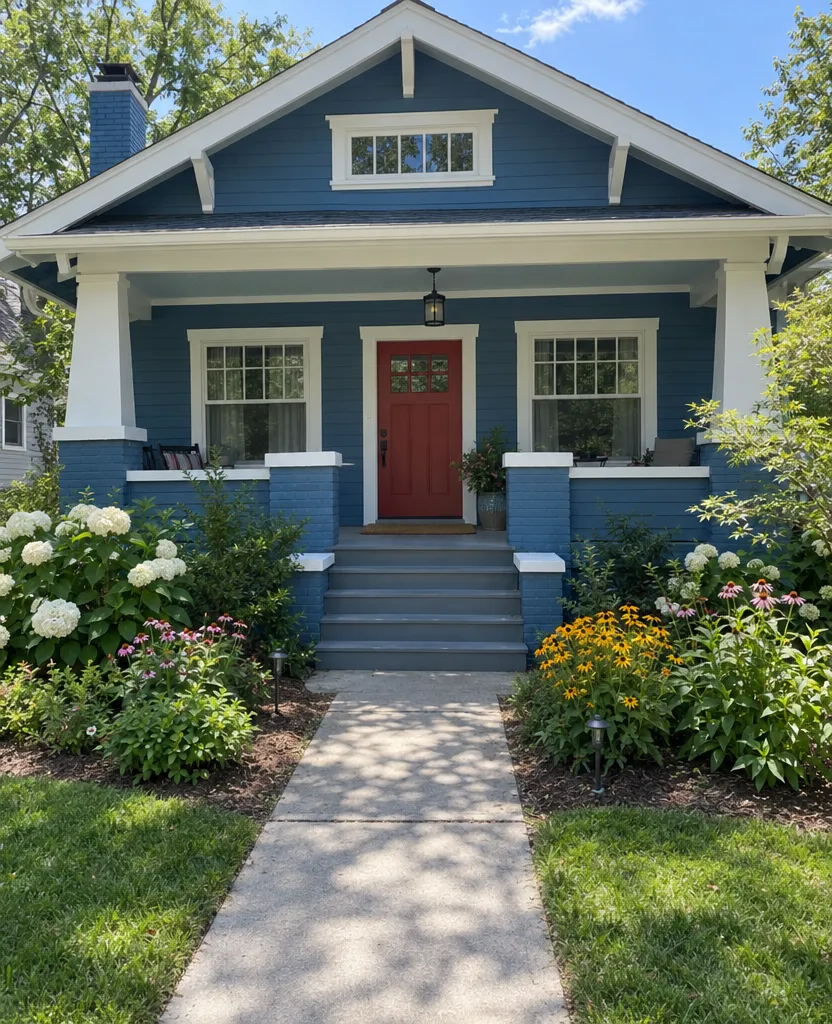 Phone photo of a blue craftsman bungalow with a red front door and flower beds