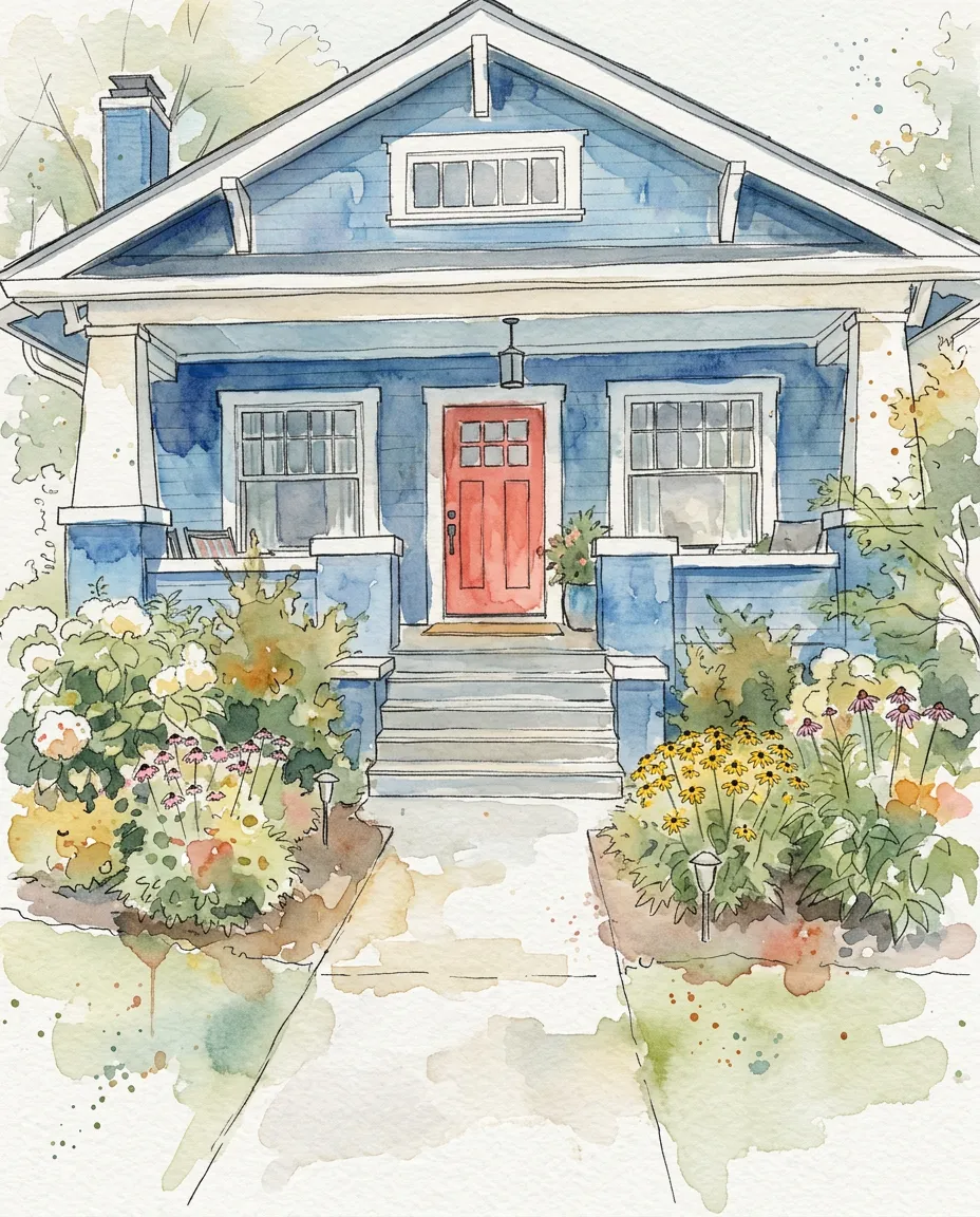Craftsman bungalow as a watercolor and ink house portrait