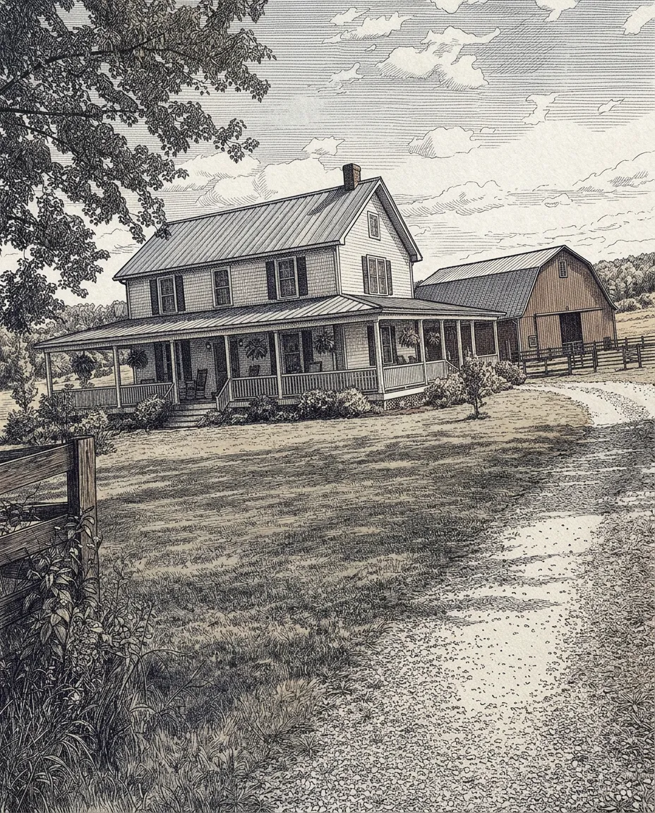 Farmhouse with a barn as a pen and ink drawing